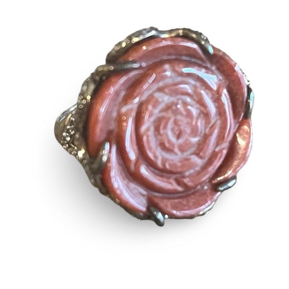 Sterling Silver D'Joy Red Jade Carved Round Flower Ring Size 8
